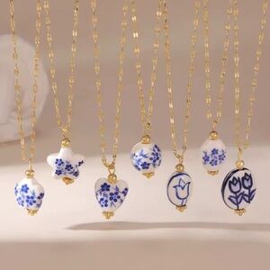 Vintage Floral Porcelain Heart 18K Gold Stainless Steel Non Tarnish Necklace